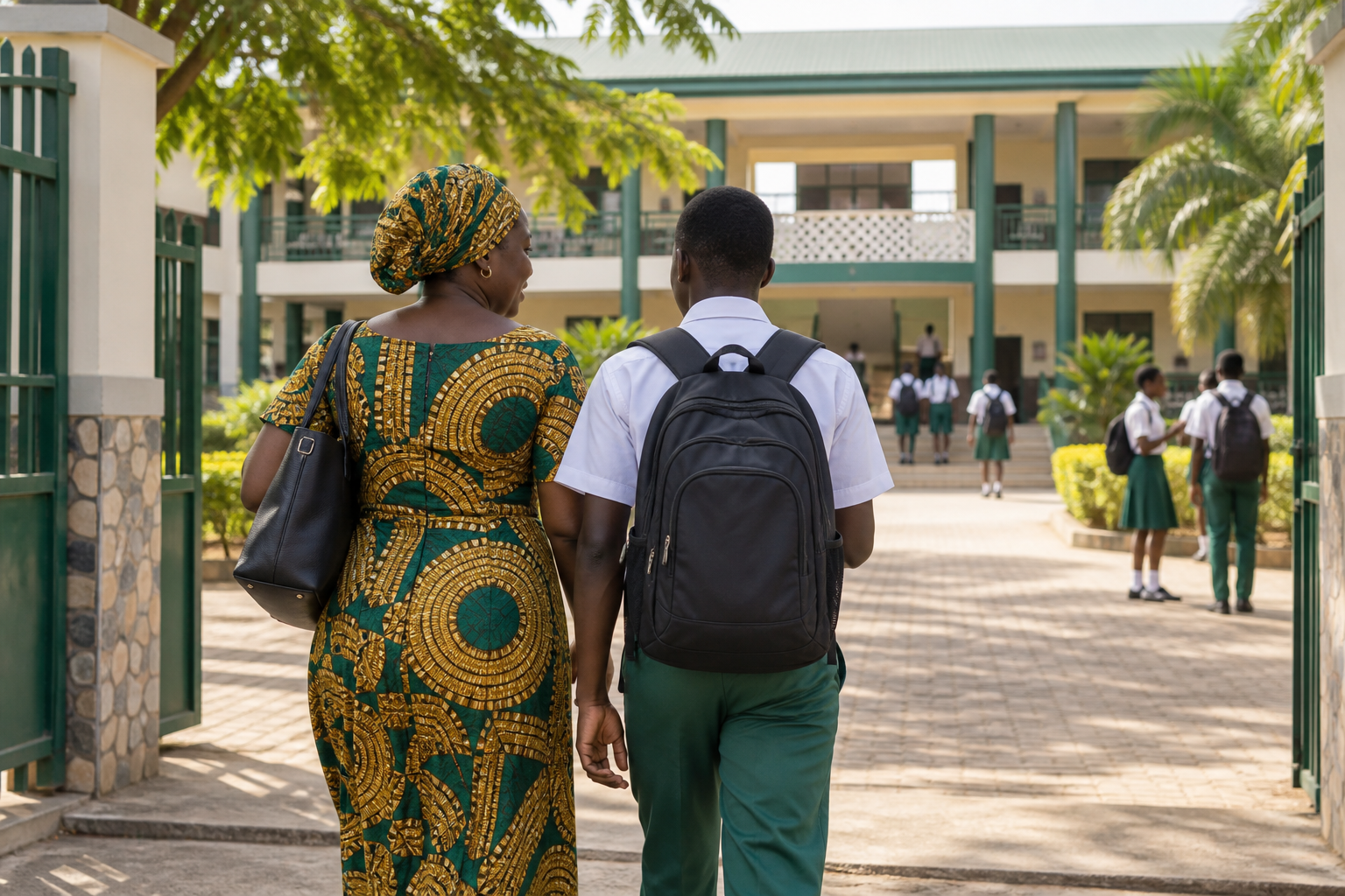 Illustrative parent and student arriving at a secondary school